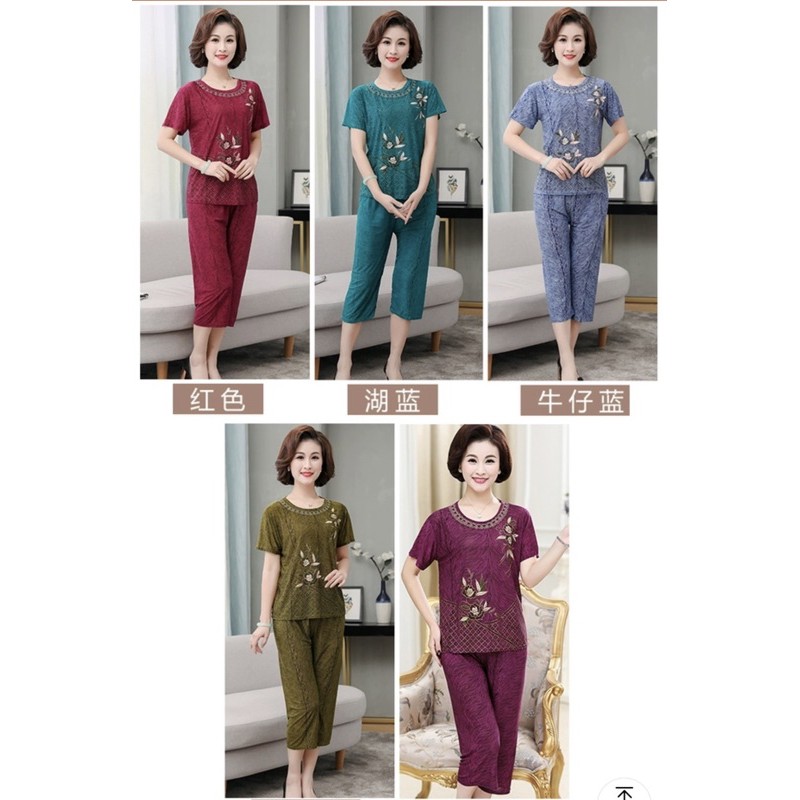 Bộ thun lạnh in hoa áo chui quần lửng cho trung niên và người già