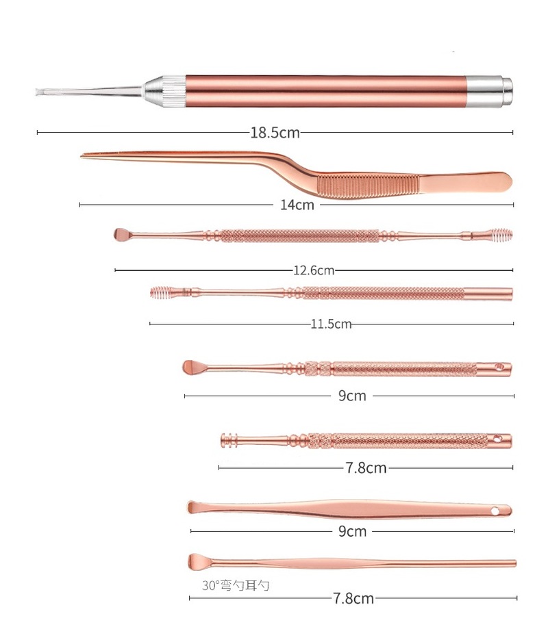 [Hàng mới về] Set 8 dụng cụ lấy ráy tai bằng thép không gỉ có đèn led tiện dụng