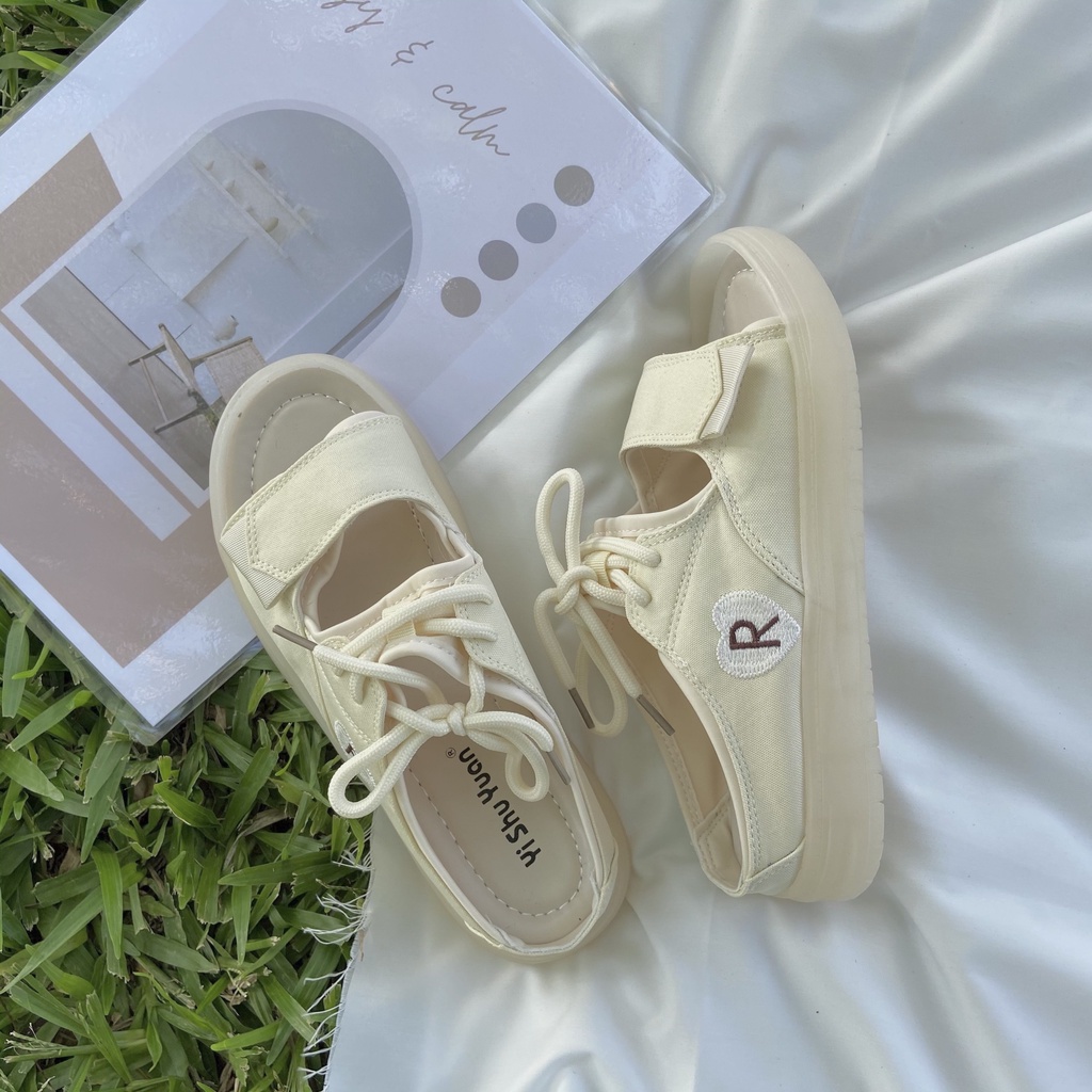 Dép Nữ Ulzzang Vintage, Dép Vải Quai Ngang Khóa Dán Thắt Dây Đế Nhựa 2cm Hàn Quốc, Street Style - Iclassy_shoes