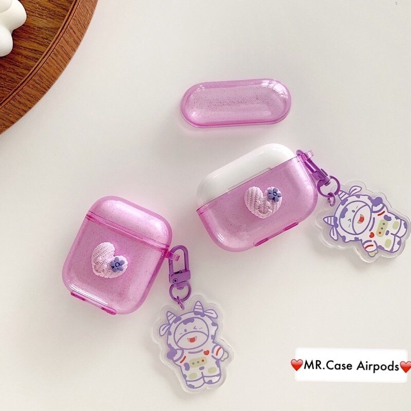 Case Airpods 1/2 /Pro Vỏ Ốp Tai Nghe Màu Tím Trơn Tim Nổi ( kèm móc bò sữa  )?- Mr.Case AirPods