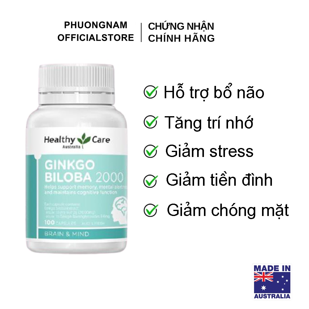 Viên bổ não (100v) tăng tuần hoàn máu não, trí nhớ cho bé từ 12 tuổi và người già Healthy Care Ginkgo Biloba 2000mg, Úc