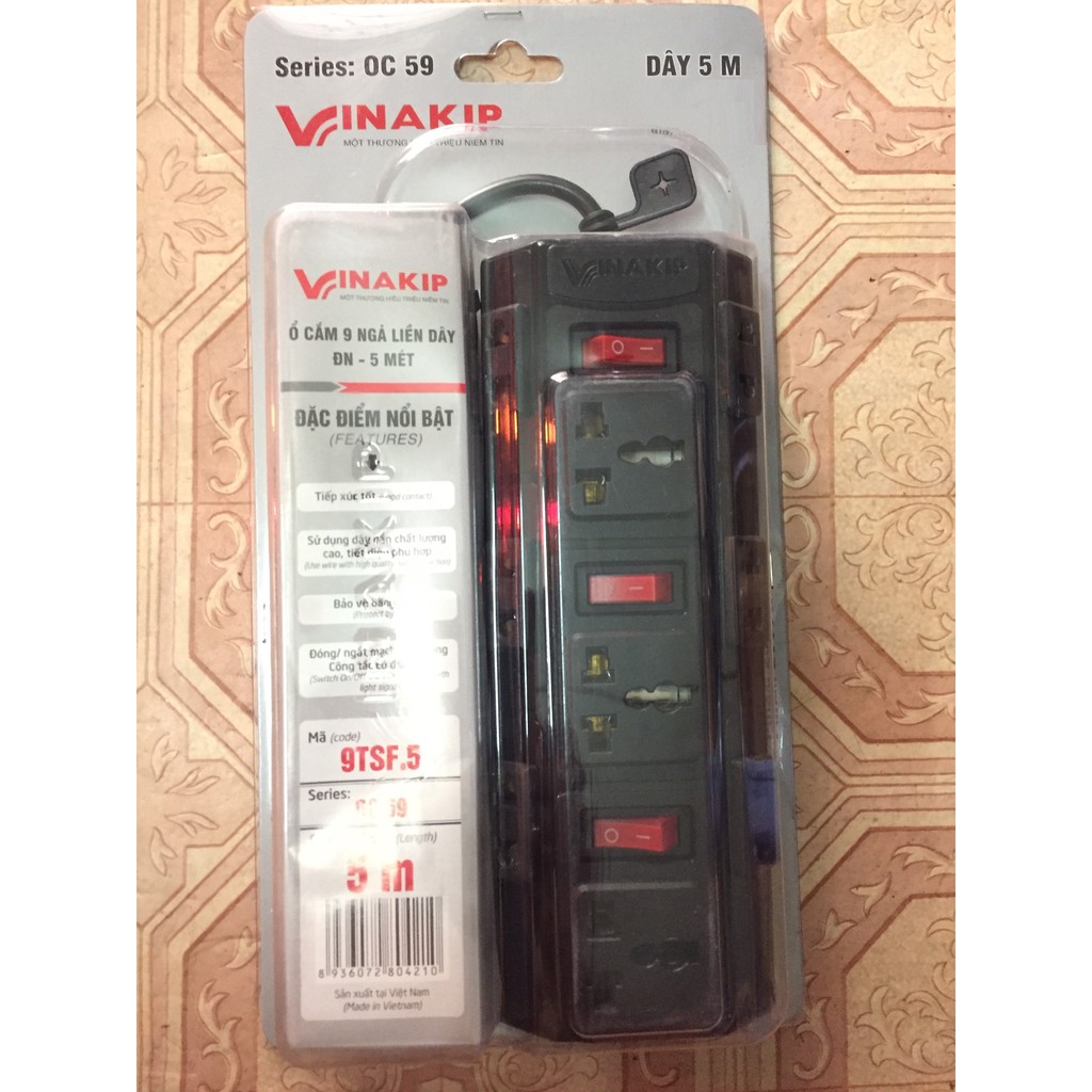 Ổ cắm vinakip 9 ngả đa năng liền dây 3m - OC 58 và 5m - OC 59