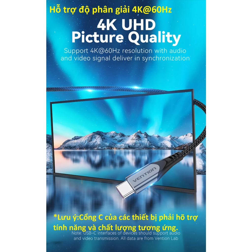 Cáp sạc C to C 100W USB 3.1 Gen 2 hỗ trợ 4K Vention TAH ( 0.5m / 1m )