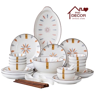 Bộ Bát Đĩa Phố Decor Chất Liệu Gốm Sứ Nhật Bản Cao Cấp Họa Tiết Thổ Cẩm Hình Lá - Mẫu 2