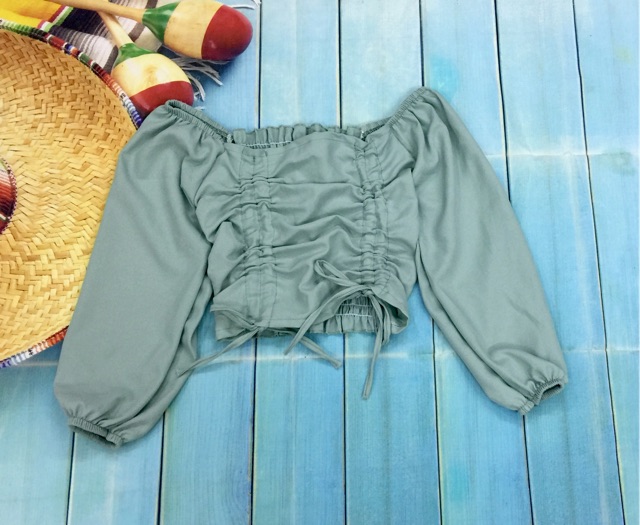 Áo kiểu voan rút dây hai bên dáng  croptop(hình thật riêng áo) hàng đẹp