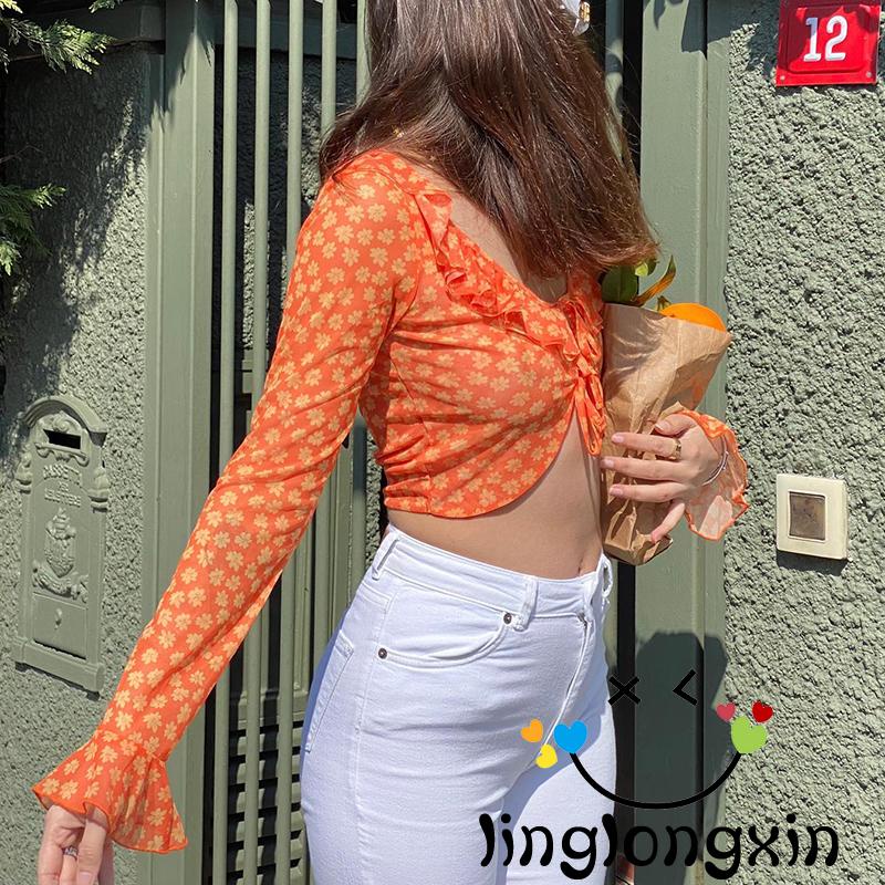 Áo Kiểu Dáng Ngắn Tay Loe Dài In Họa Tiết Hoa Thời Trang Mùa Hè Cho Nữ Linglongxi2