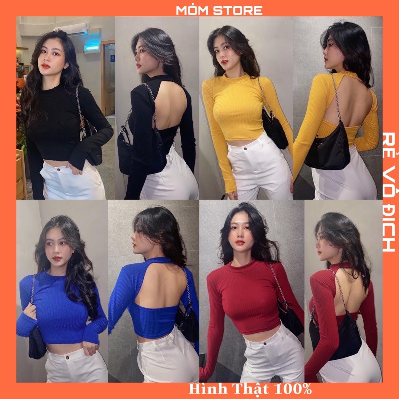 Áo Croptop Tay Dài Khoét Lưng Thun Gân Xịn Xò