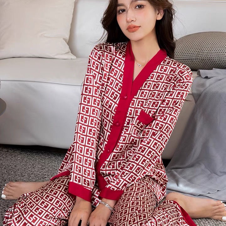 Bộ đồ ngủ tay dài chất lụa băng mỏng cỡ lớn thời trang xuân thu cho nữ