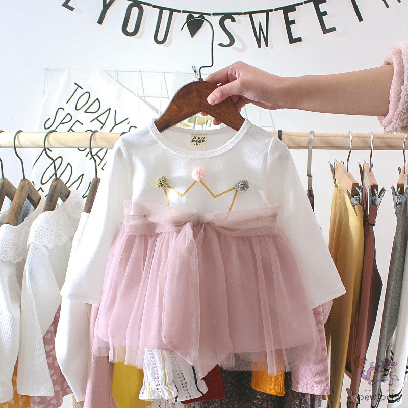 Đầm Công Chúa Phối Lưới Kiểu Hàn Quốc Thời Trang Xuân Thu Xinh Xắn Dành Cho Bé Gái