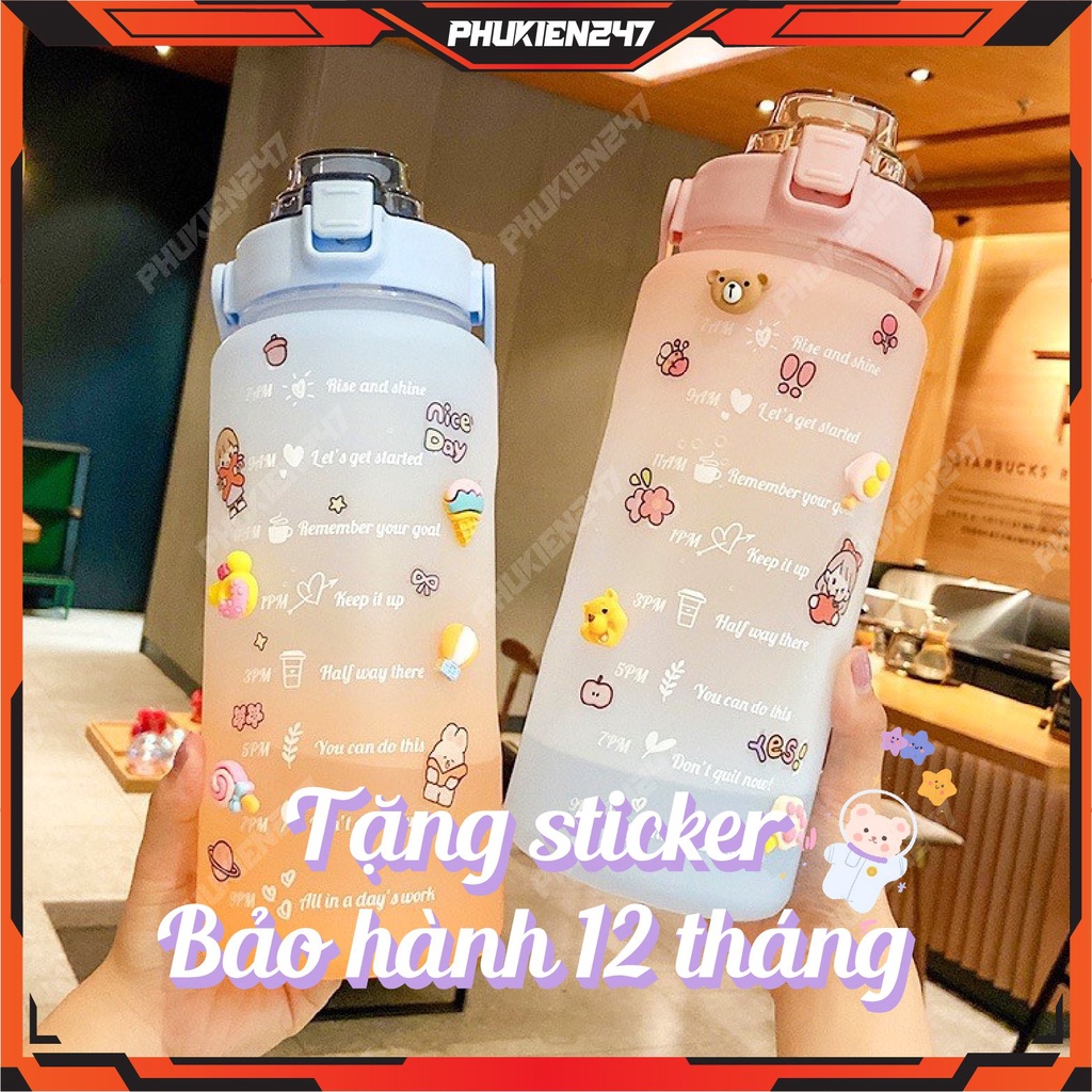 Bình Đựng Nước 2L Dễ Thương Có Vạch Báo Giờ Uống Nước Tặng kèm sticker