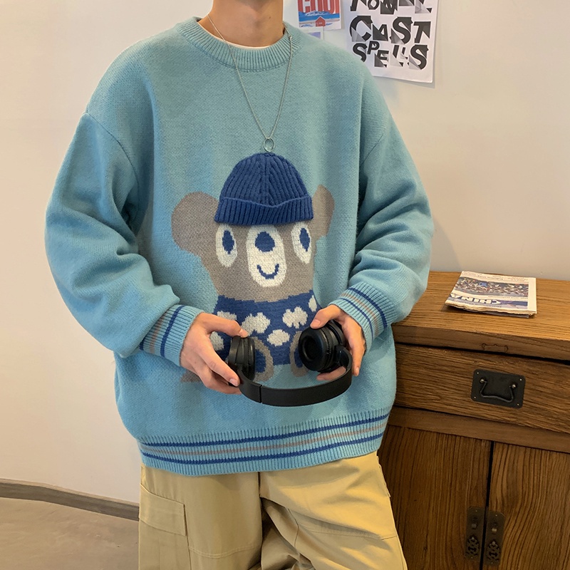 Áo sweater cổ tròn dáng rộng thêu hình gấu hoạt hình dễ thương phong cách Hàn Quốc cho cặp đôi