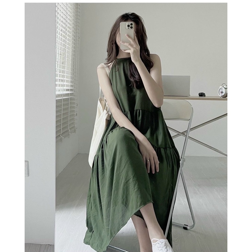 Đầm Maxi Xanh 💖DEMISS💖 Váy Maxi Xanh Suông Cổ Yếm Năng Động Xinh Xỉu - V-XANH-32