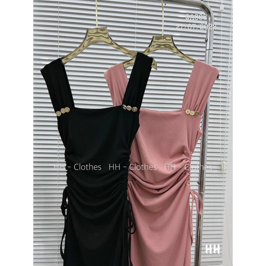 Đầm 2 dây bản vuông đính nút dưới dây kiểu rút dây 2 bên hông ôm body dáng dài cực hot mk