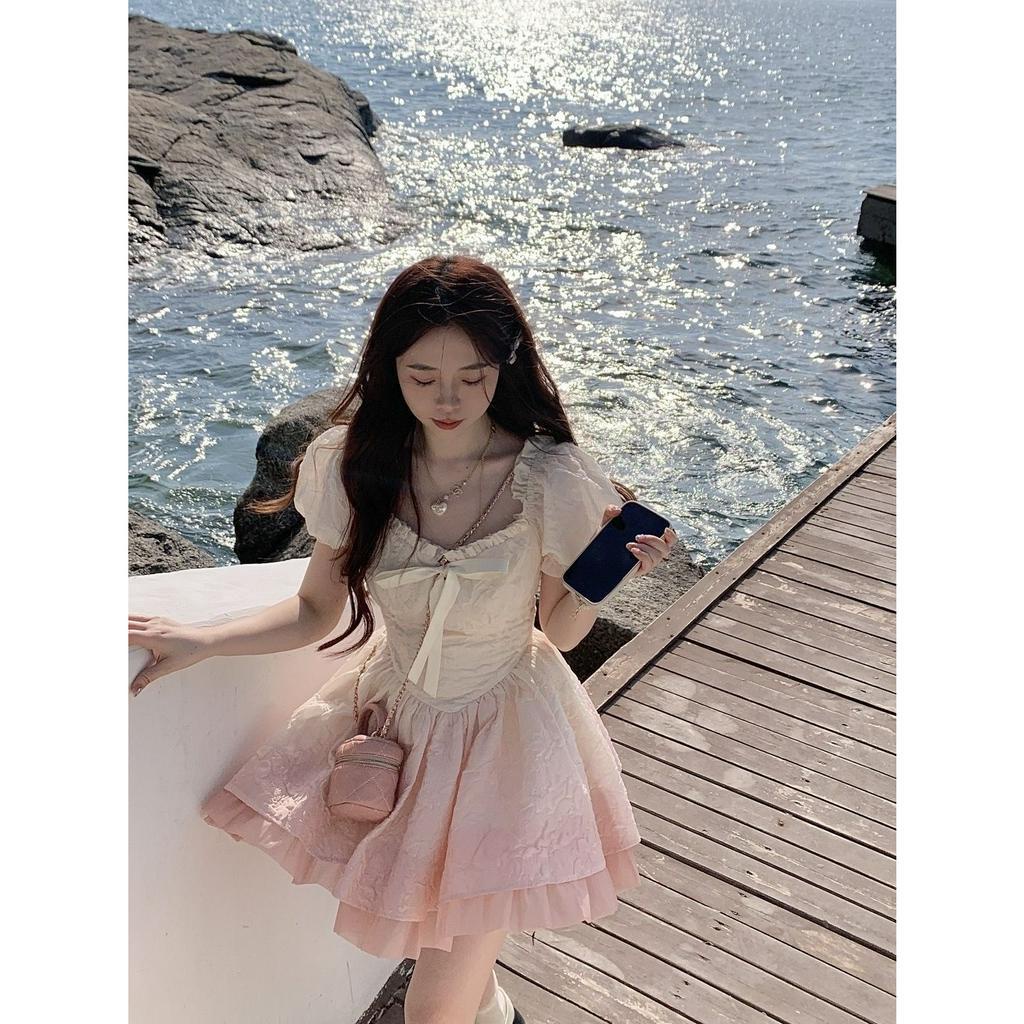 Lalisas Đầm Công Chúa Ngắn Ôm Eo Tay Phồng Cổ Vuông Thay Đổi Màu Sắc Theo Phong Cách Kỳ Nghỉ