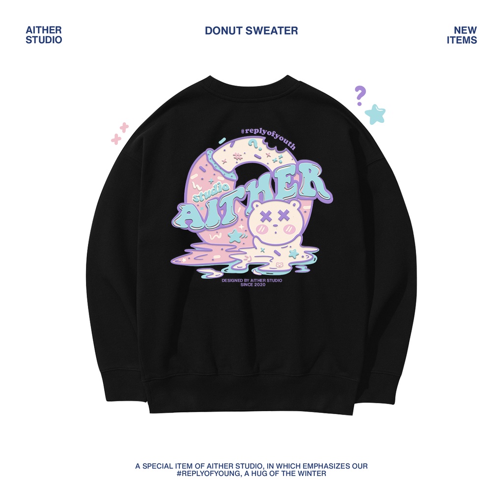 AITHERSTUDIO-Áo nỉ Sweater Bear Donut form rộng Unisex