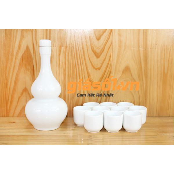 Bộ Bình và 10 chén uống rượu Bát Tràng hồ nô men trắng