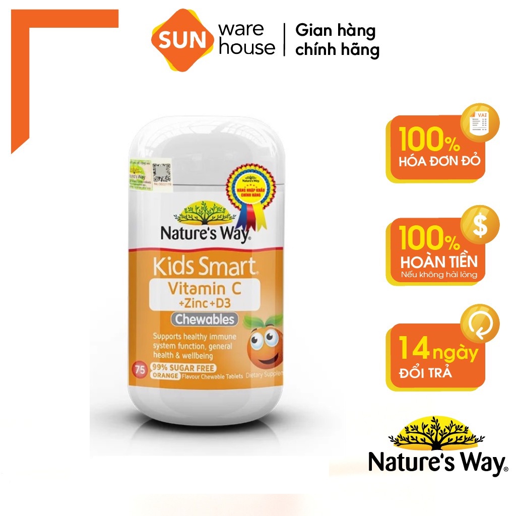 Viên Nhai Nature’s Way Kids Smart Vitamin C+ZinC+D3 Chewable Tablets Bổ Sung Vitamin Cho Bé Phát Triển Toàn Diện 75 Viên