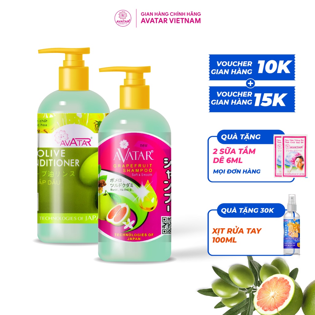 Combo 2 Chai Gội - Xả Avatar Tinh Dầu Bưởi Và Ô Liu Giúp Tóc Suôn Mượt Óng Ả 500ml