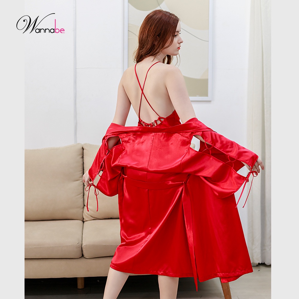 Áo choàng ngủ phi lụa kimono cao cấp Wannabe KIS33 xẻ sườn cánh tay đan khoen cột nơ lạ mắt nữ tính