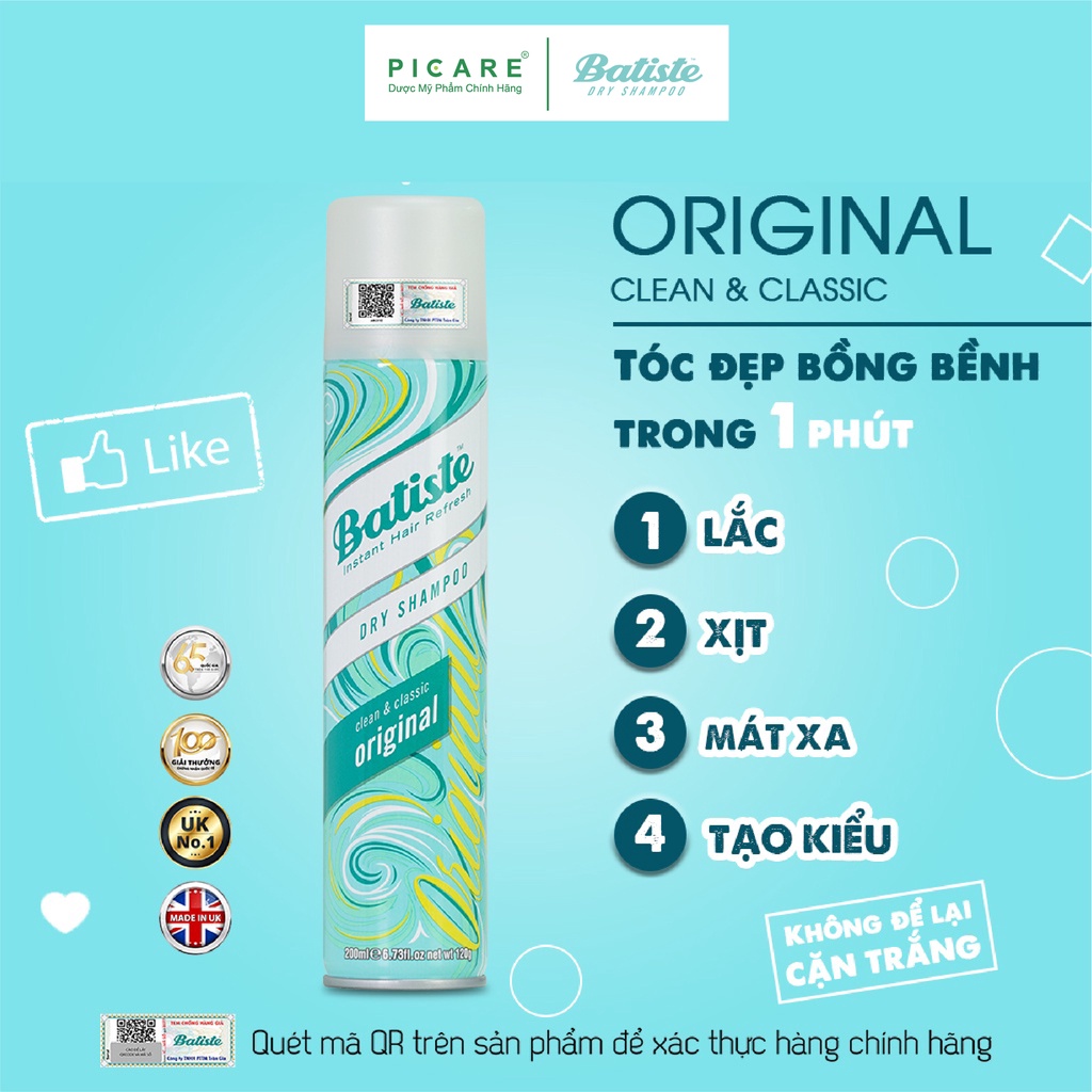 Dầu gội khô hương cổ điển nguyên bản Batiste Dry Shampoo Clean &amp; Classic Original