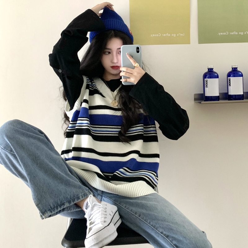 37409 Áo Sát Nách Dệt Kim Cổ Chữ V Dáng Rộng Phối Màu Tương Phản Thời Trang