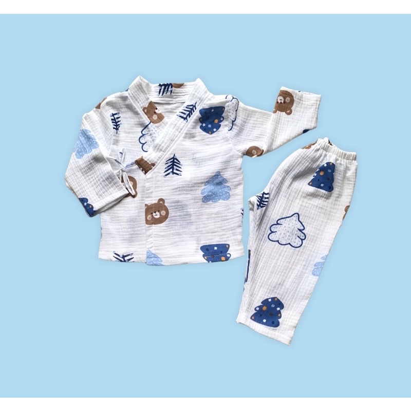 Bộ yukata dài tay cho bé chất xô muslin