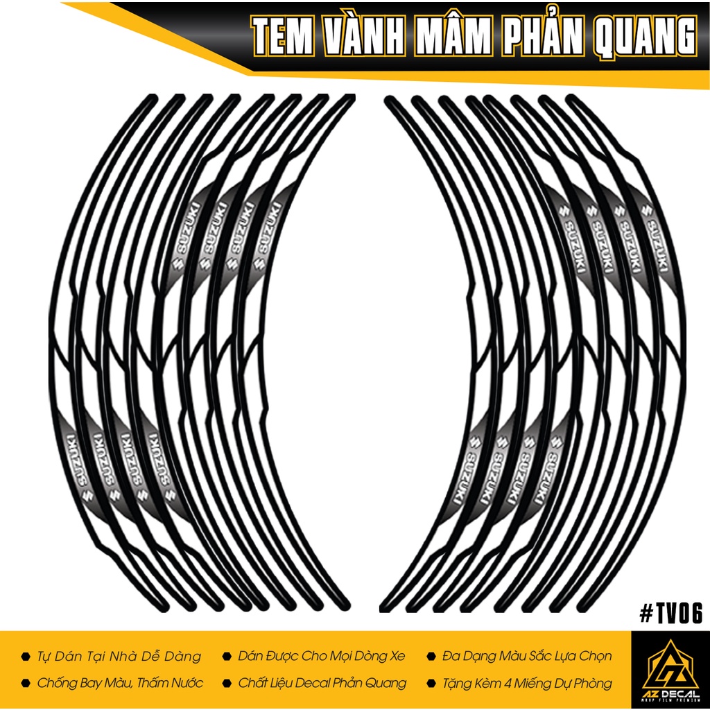 Tem Vành Dán Xe Máy Suzuki | TV06 | Tem Dán Mâm Xe Nhiều Màu Xanh, Đỏ, Vàng, Trắng Bám Dính Chắc, Bền Màu, Chống Nước