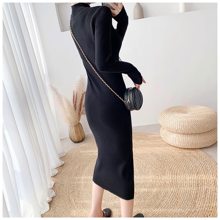 Váy len body, váy len tăm cổ 3 phân silive dáng ôm qua gối, chất len dày dặn