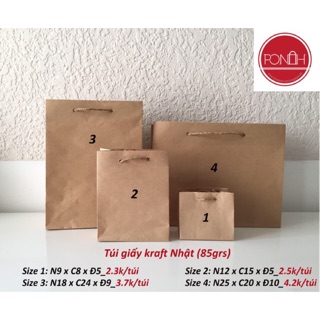 Gói 20 túi kraft Nhật trơn, quai dây thừng, định lượng 85 grs