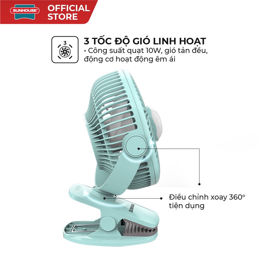 Quạt tích điện mini Sunhouse SHD 7111, xoay 360 độ, thiết kế kẹp bàn, đèn ngủ, sạc nhanh, bảo hành 12 tháng