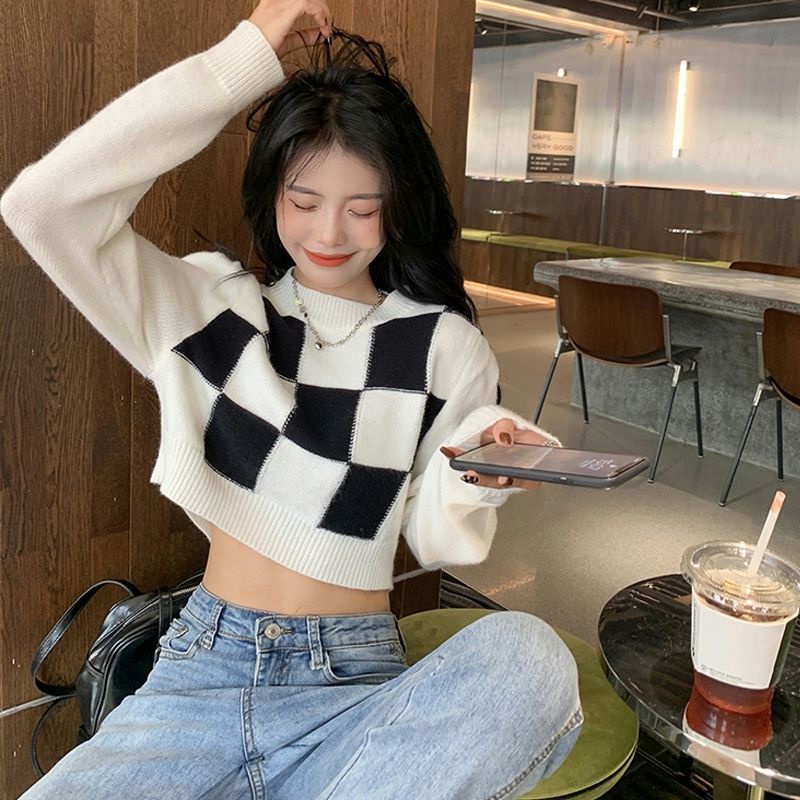 Áo len dáng ngắn lưng cao thiết kế họa tiết kẻ ô thời trang mùa thu cho nữ