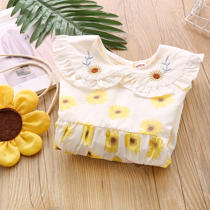 Đầm Dài Tay Ngắn Cổ Búp Bê In Hình Hoa Hướng Dương Phong Cách Phương Tây Thời Trang Mới Dành Cho Bé Gái