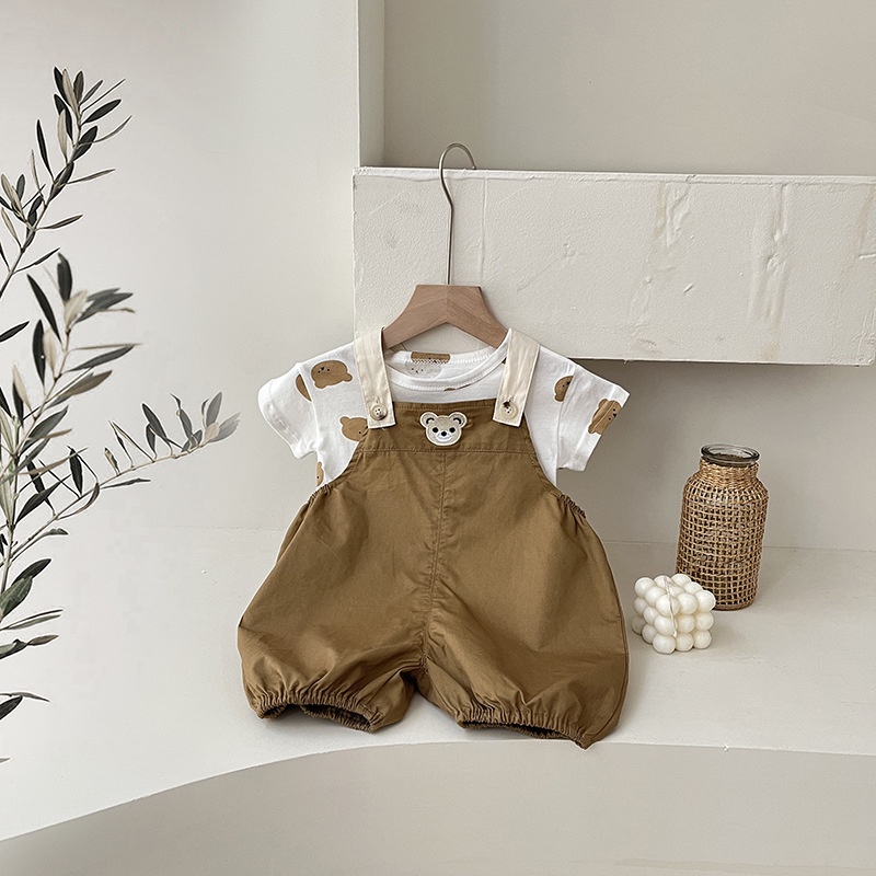 Bộ Áo Thun Liền Quần Tay Ngắn In Hình Gấu Dễ Thương + 1 Jumpsuit Vải Cotton Thời Trang Mùa Hè Phong Cách Hàn Quốc Cho Bé Trai