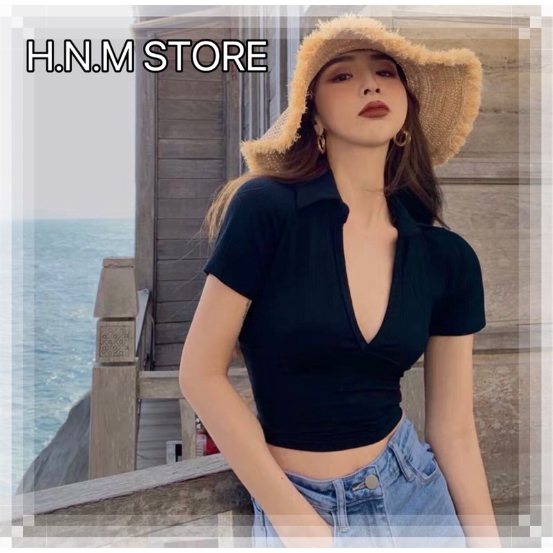 (Kèm ảnh thật ) Áo Croptop Ngắn Tay Cổ Chữ V Gợi Cảm Cho Nữ thời trang H.N.M STORE