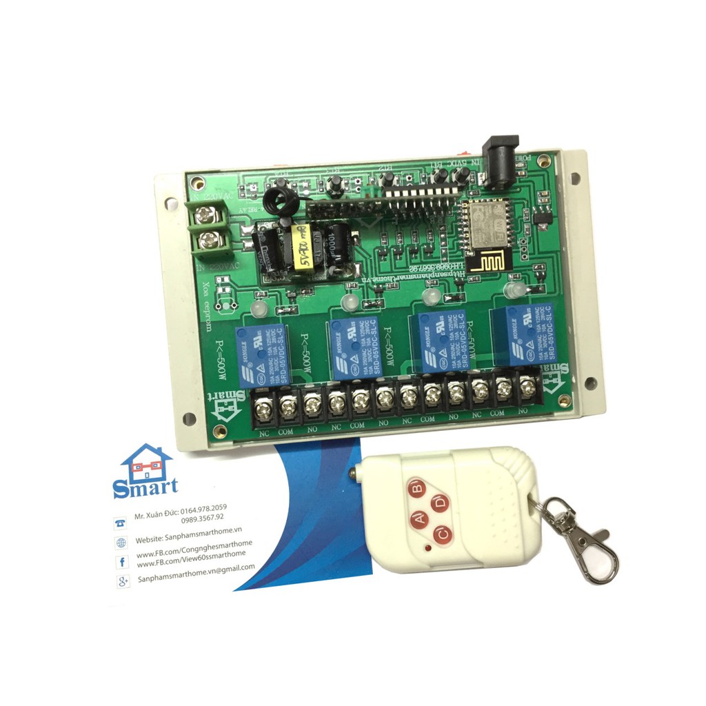 Công tắc thông minh Wifi 4 kênh điều khiển từ xa qua điện thoại có remote