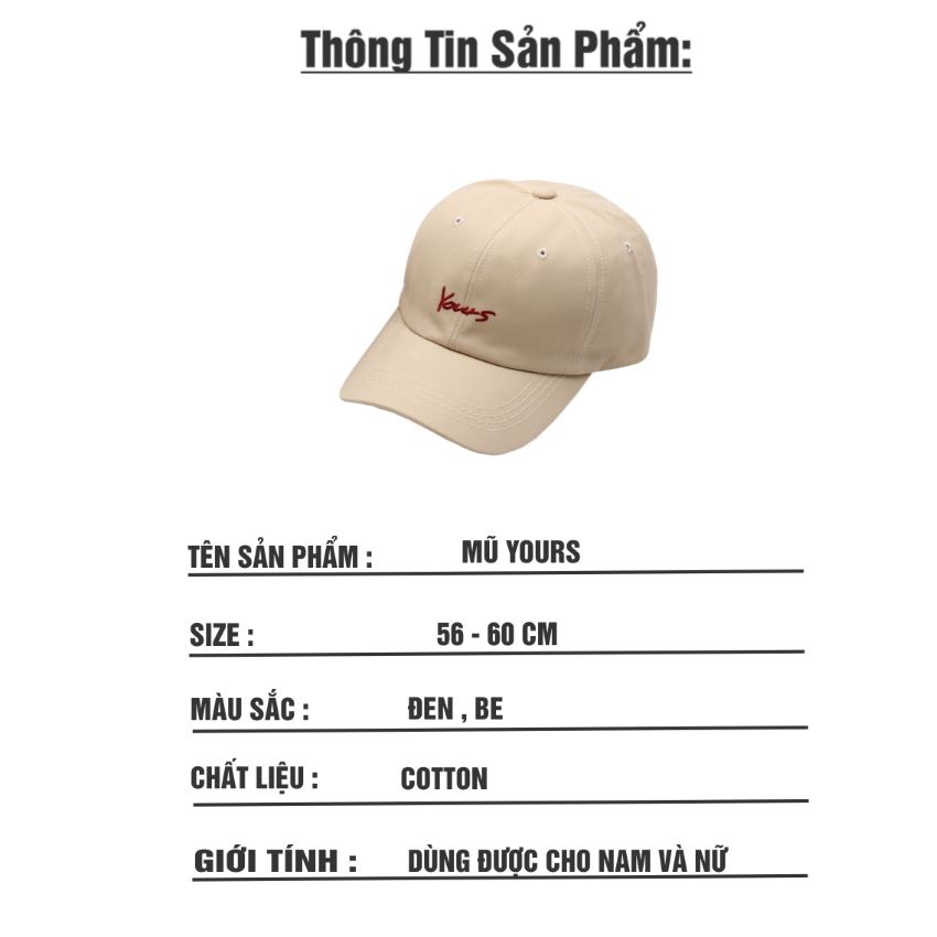 Mũ lưỡi trai Yours , Nón kết nhiều màu phong cách Ulzzang form unisex nam nữ