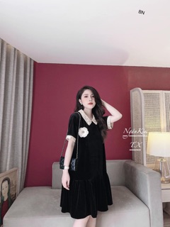 Váy Nhung Cổ Ren hoa ngực