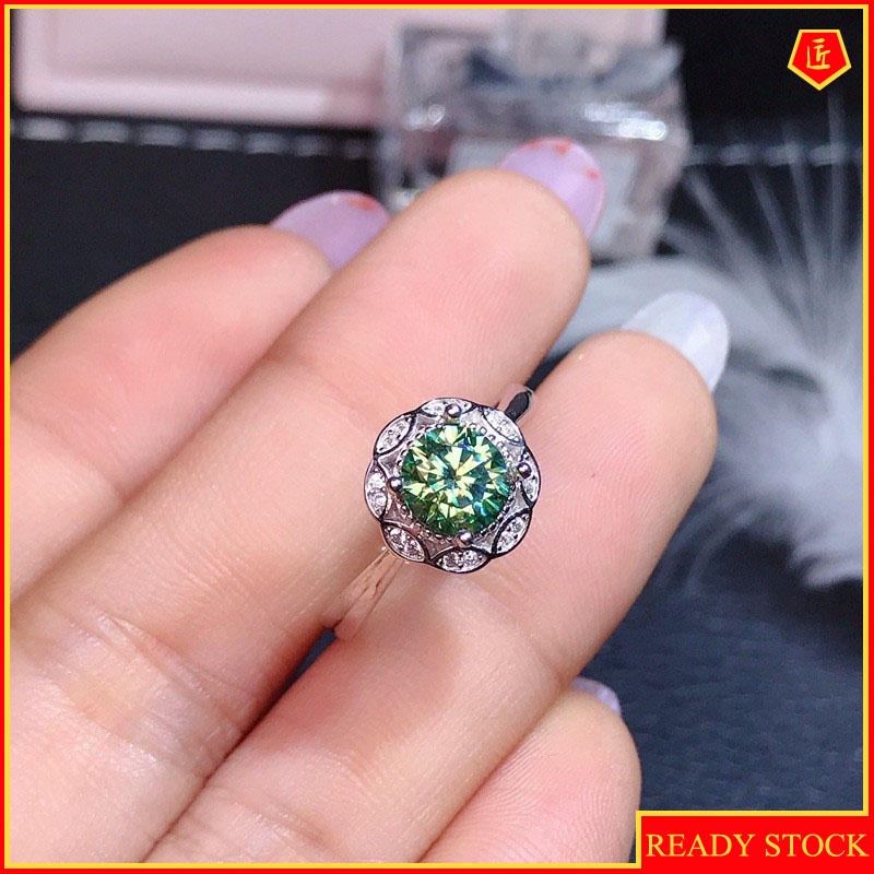 Nhẫn đeo tay hình hoa đính kim cương màu xanh lá cây thanh lịch