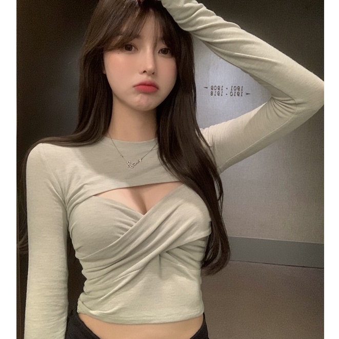 Cocory vn Áo croptop tay dài cổ tròn kiểu dáng đan chéo ngực phong cách gợi cảm cho nữ