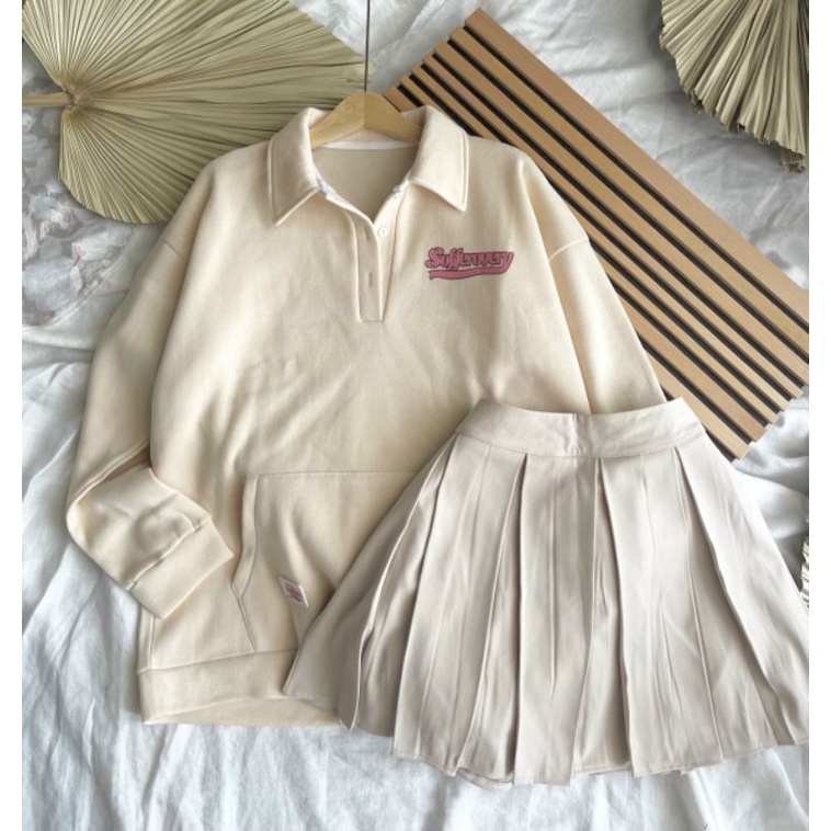 Set áo swater cổ polo chân váy xếp ly nâu có lót trong | BigBuy360 - bigbuy360.vn