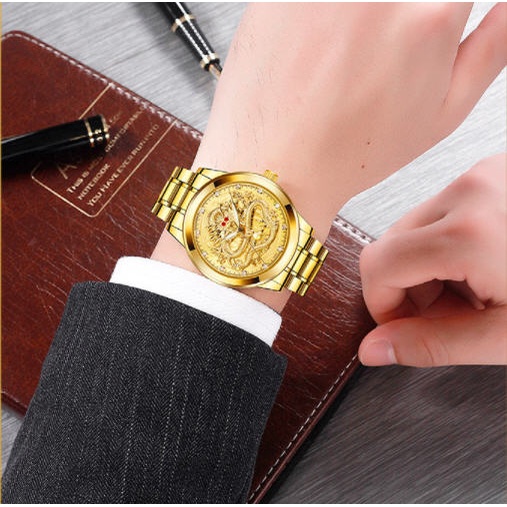 Đồng hồ nam chống nước hình rồng vàng dây thép không gỉ