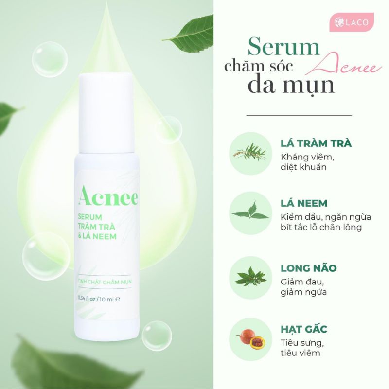 Serum Tràm Trà &amp; Lá Neem - Tinh chất chấm mụn Acnee Laco giảm sưng viêm, tiêu nhân mụn, hiệu quả ngay từ lần đầu sử dụng