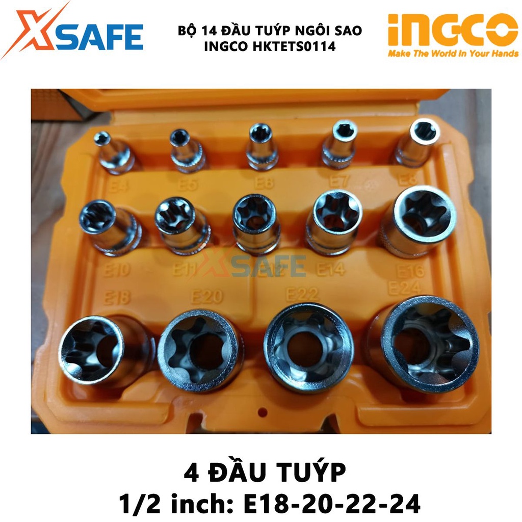 Bộ 14 đầu tuýp E INGCO HKTETS0114 thép CR-V gồm 5 đầu 1/4 inch, 5 đầu 3/8 inch, 4 đầu 1/2 inch được xử lý nhiệt mạ crom