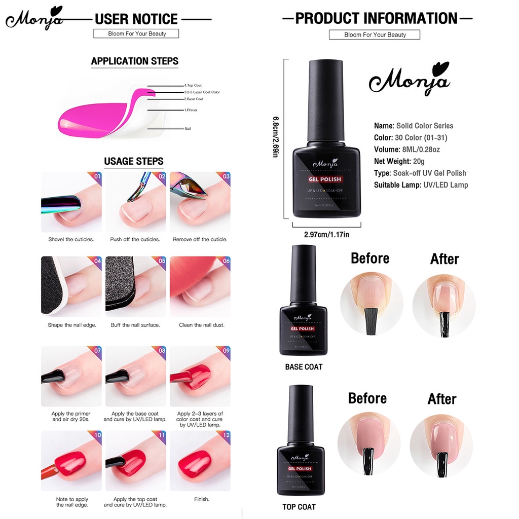 Set 8 gel sơn móng tay màu sắc khác nhau và dụng cụ làm móng MONJA UV/ LED 36W tiện lợi