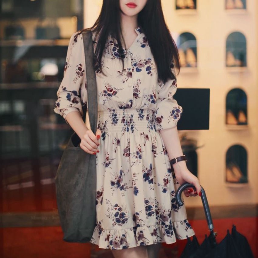 Đầm chiffon họa tiết hoa chiết eo thiết kế tinh tế thời trang cho nữ