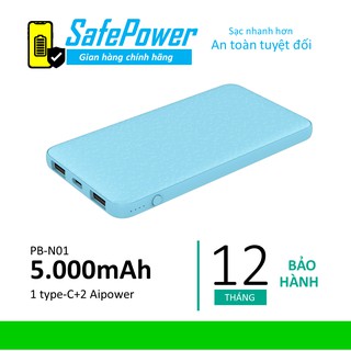 Sạc dự phòng 5000mah safepower pb-n01, aipower, sạc type c, usb 12w - bảo hành 12 tháng