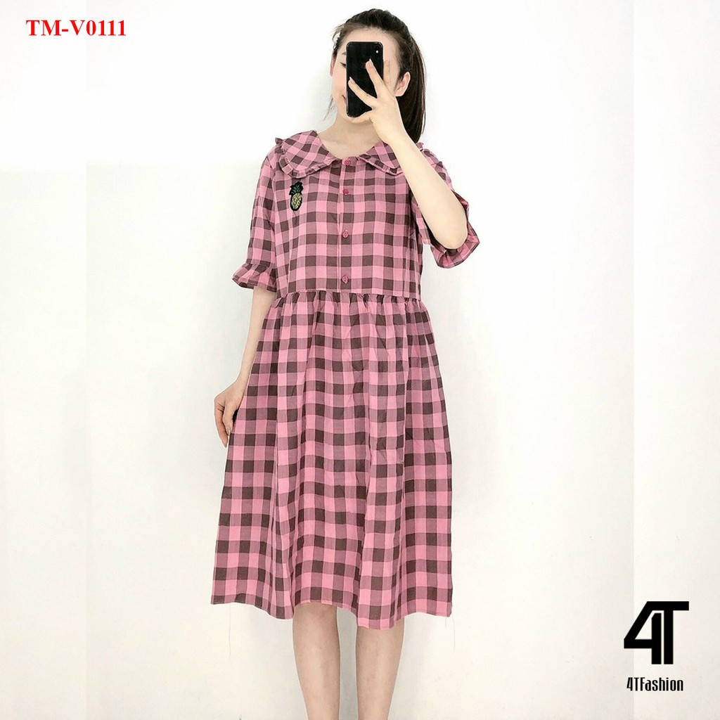 Váy bầu 4T Fashion  - Đầm bigsize kẻ caro dáng dài cổ sen chất cotton siêu mát