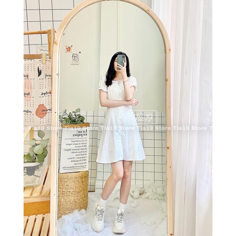 Váy trắng cúc bọc cộc tay . Đầm cổ vuông dáng xoè ulzzang Tia19 ( Ảnh thật) | BigBuy360 - bigbuy360.vn