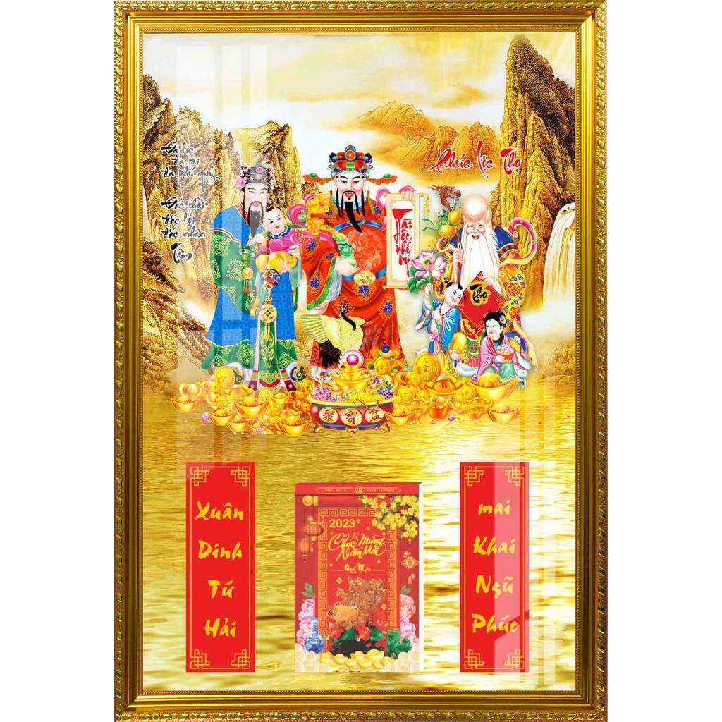 Lịch Gỗ Phù Điêu Khung Vàng Cao Cấp Treo Tường Laminate Tráng Gương 2023 (45 x 65cm) - Phúc Lộc Thọ