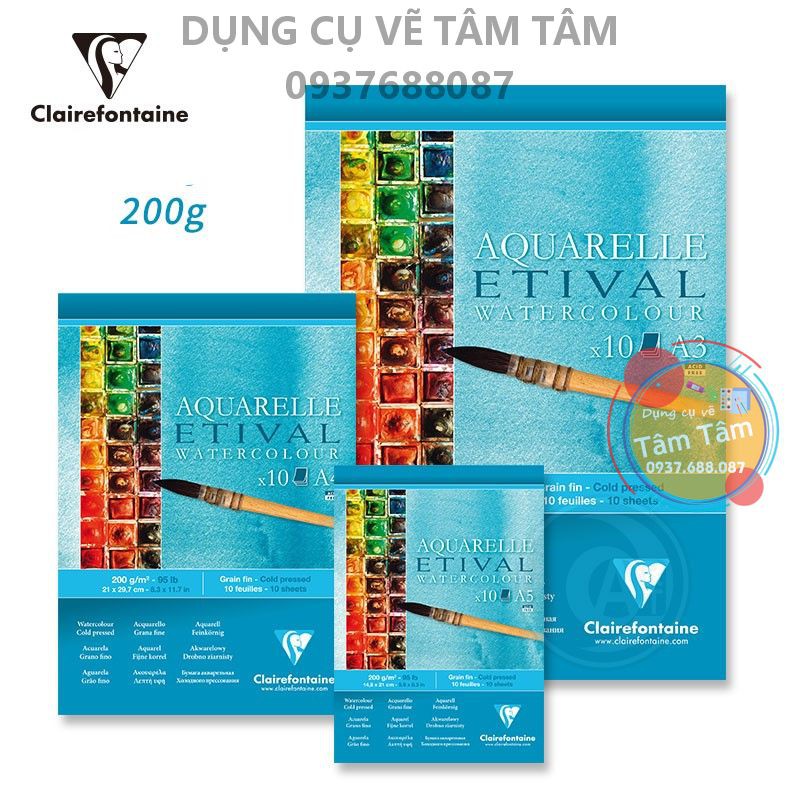 Sổ vẽ màu nước Clairefontaine Aquarelle Etival watercolor coldpress 200gsm 10 sheets-